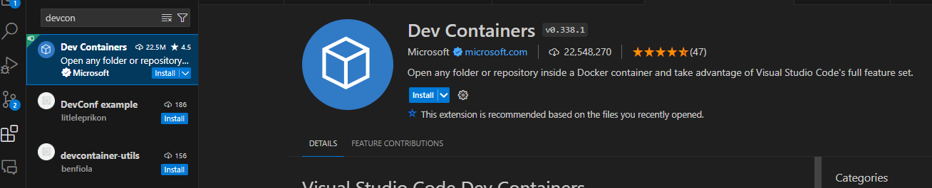 install dev container extention